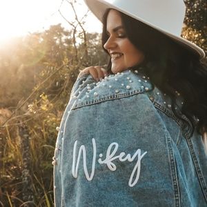Denim wifey embroidered jacket with pearls/rhinestones